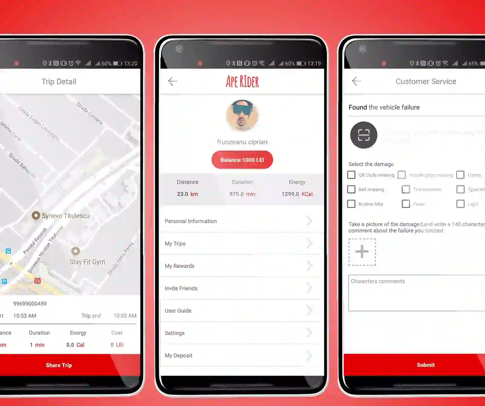Ape Rider trip detail, profile and customer service screens